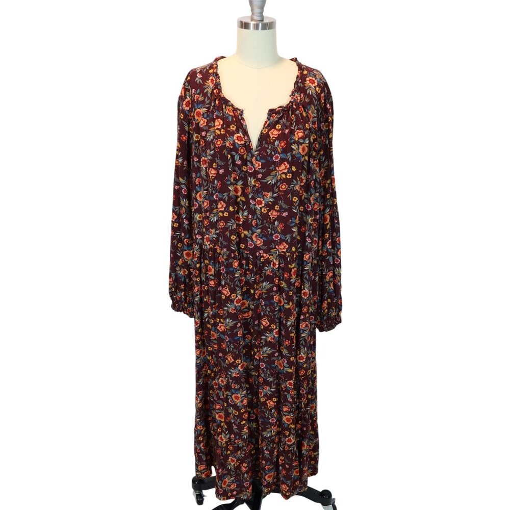 OLD NAVY Burgundy Floral Long Sleeve Tiered Midi Dress Size XXL Boho Prairie